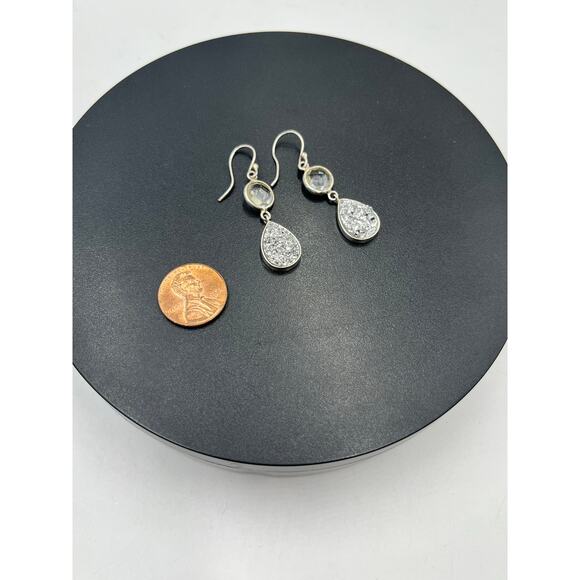 Vintage Sterling Silver 925 Titanium Druzy Clear Rock Quartz Dangle Earrings - Picture 5 of 9